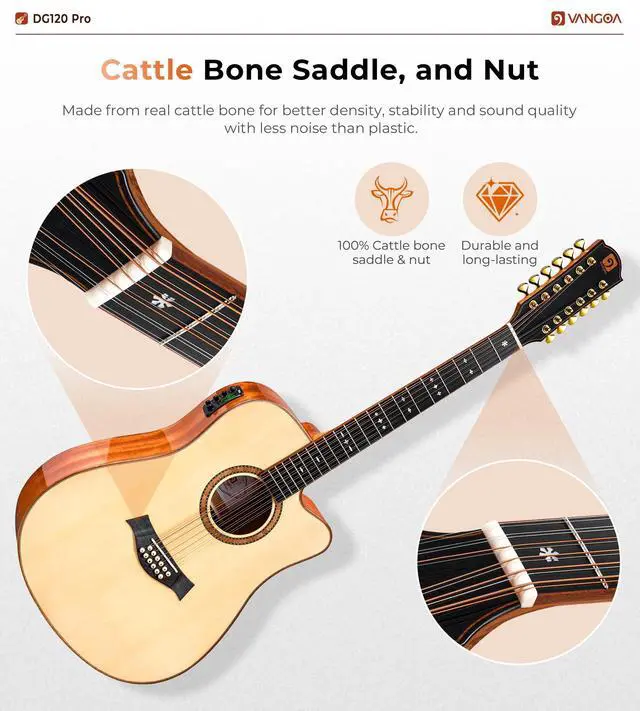 Alt view image 4 of 7 - Advanced 12 String Guitar, Full Size Twelve String Guitar Acoustic Electric 4 Band EQ Electroacoustic Set for Professional Beginner Adults Intermediate, Spruce Top, Glossy Natural