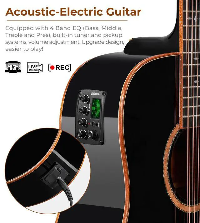 Alt view image 2 of 7 - Advanced 12 String Guitar, Full Size Twelve String Guitar Acoustic Electric 4 Band EQ Electroacoustic Set for Professional Beginner Adults Intermediate, Spruce Top, Glossy Black