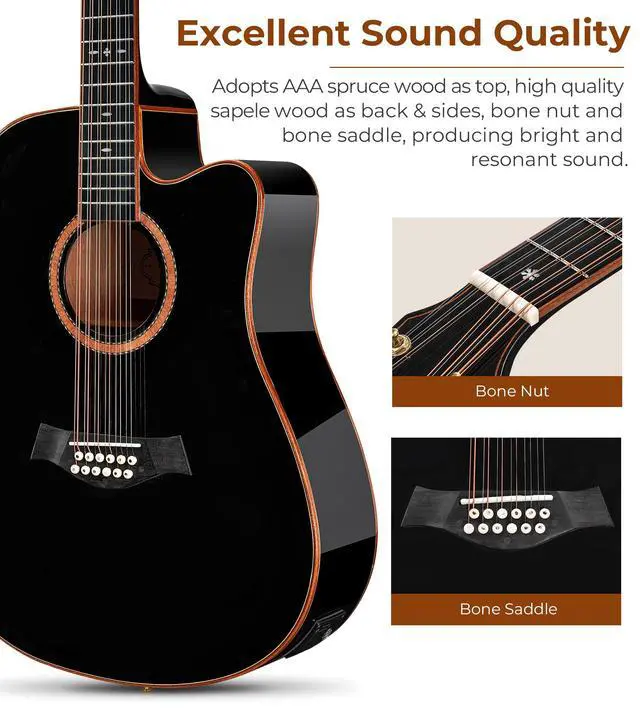 Alt view image 4 of 7 - Advanced 12 String Guitar, Full Size Twelve String Guitar Acoustic Electric 4 Band EQ Electroacoustic Set for Professional Beginner Adults Intermediate, Spruce Top, Glossy Black