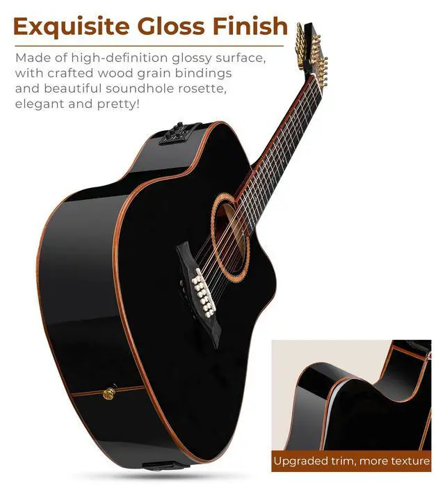 Alt view image 5 of 7 - Advanced 12 String Guitar, Full Size Twelve String Guitar Acoustic Electric 4 Band EQ Electroacoustic Set for Professional Beginner Adults Intermediate, Spruce Top, Glossy Black