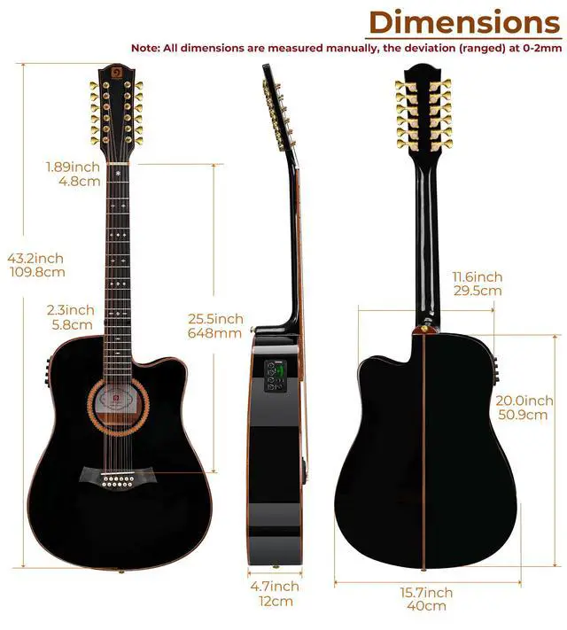 Alt view image 7 of 7 - Advanced 12 String Guitar, Full Size Twelve String Guitar Acoustic Electric 4 Band EQ Electroacoustic Set for Professional Beginner Adults Intermediate, Spruce Top, Glossy Black