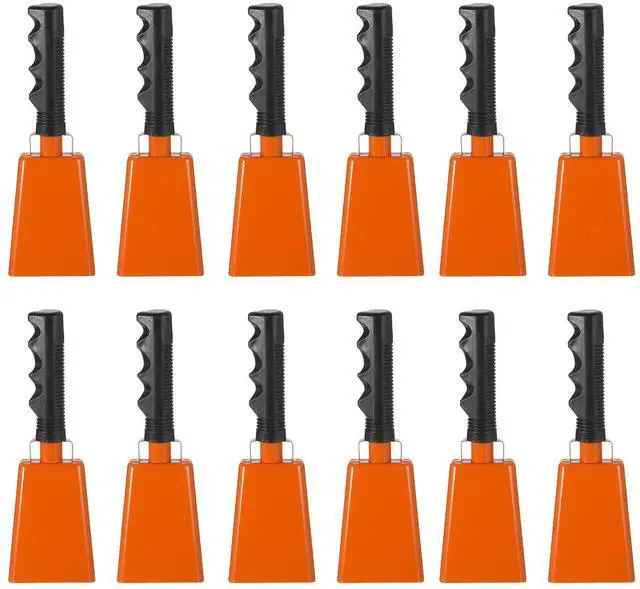 Main image of 9inch Cow Bells for Football Games, 12pcs Cowbells for Sporting Events Bulk Loud Noise Makers Metal Cow Bell with Handle for Cheering Competition Marathon Wedding DIY Paint, Orange