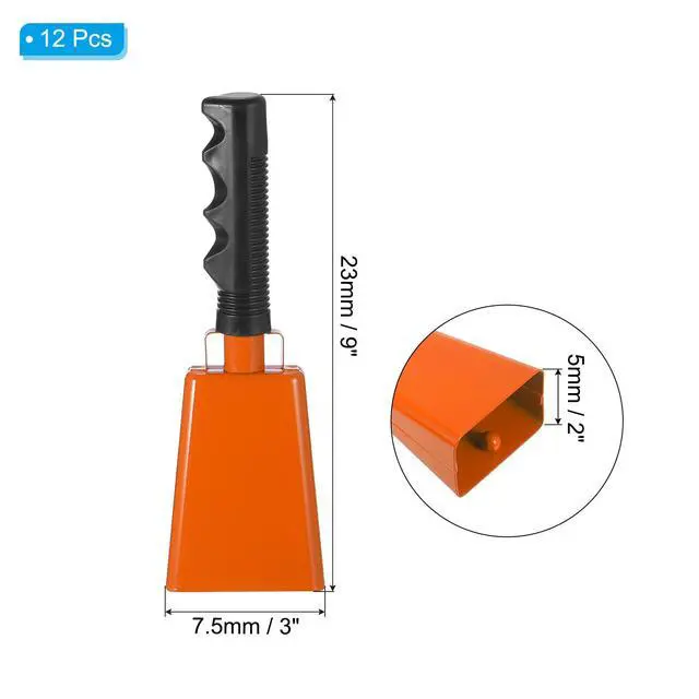 Alt view image 2 of 7 - 9inch Cow Bells for Football Games, 12pcs Cowbells for Sporting Events Bulk Loud Noise Makers Metal Cow Bell with Handle for Cheering Competition Marathon Wedding DIY Paint, Orange