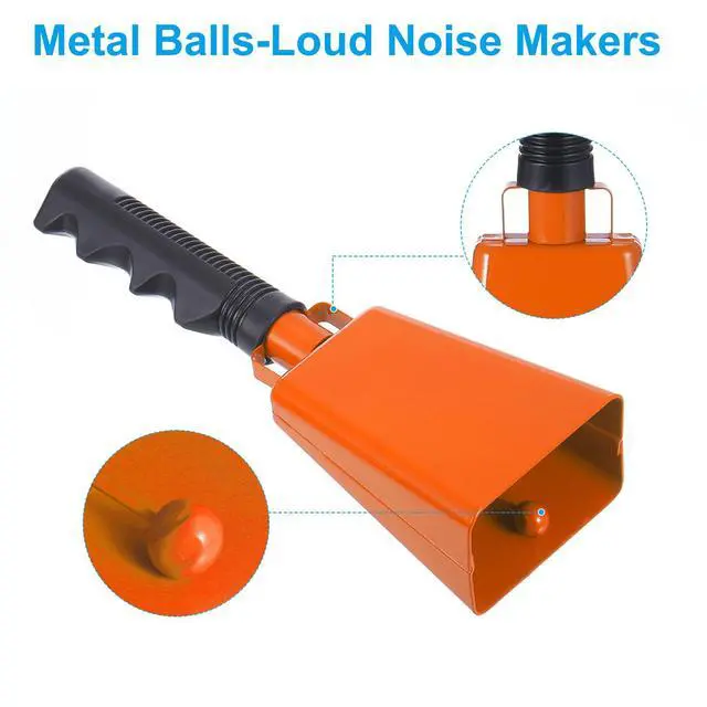 Alt view image 3 of 7 - 9inch Cow Bells for Football Games, 12pcs Cowbells for Sporting Events Bulk Loud Noise Makers Metal Cow Bell with Handle for Cheering Competition Marathon Wedding DIY Paint, Orange