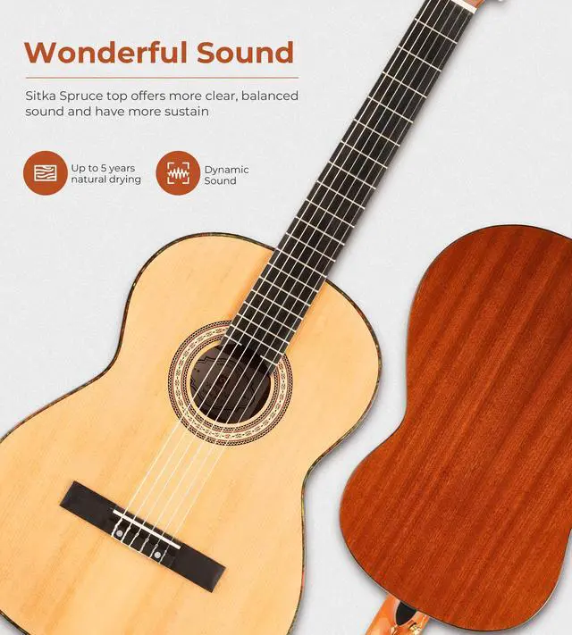 Alt view image 2 of 7 - Classical Guitar, 39" Nylon String, Full Size Beginner Spanish Guitar With Spruce Top And Sapele Back, Bundle for Gig Bag, Pedal, Tuner, Strap, Capo, Spare Strings