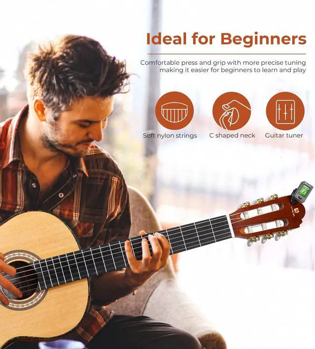 Alt view image 4 of 7 - Classical Guitar, 39" Nylon String, Full Size Beginner Spanish Guitar With Spruce Top And Sapele Back, Bundle for Gig Bag, Pedal, Tuner, Strap, Capo, Spare Strings