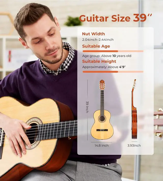 Alt view image 5 of 7 - Classical Guitar, 39" Nylon String, Full Size Beginner Spanish Guitar With Spruce Top And Sapele Back, Bundle for Gig Bag, Pedal, Tuner, Strap, Capo, Spare Strings