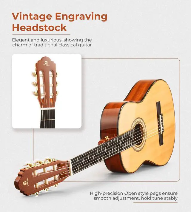 Alt view image 7 of 7 - Classical Guitar, 39" Nylon String, Full Size Beginner Spanish Guitar With Spruce Top And Sapele Back, Bundle for Gig Bag, Pedal, Tuner, Strap, Capo, Spare Strings