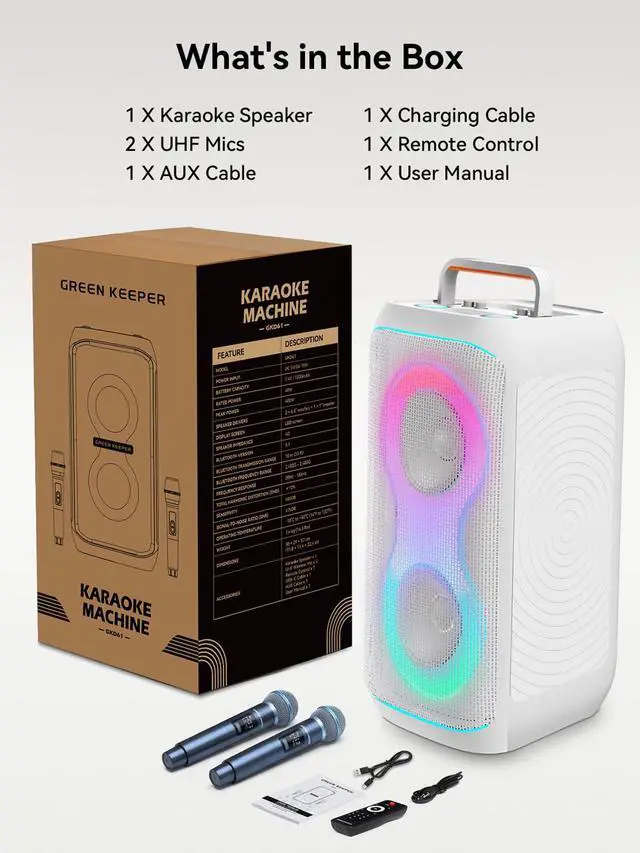 Alt view image 7 of 7 - Karaoke Machine for Adults with 2 Wireless UHF Microphones, 500W Peak Power Karaoke System with Dual 6.5'' Subwoofers, Portable Party Bluetooth Speaker with RC, Bass & Treble Control for Outdoor/Home