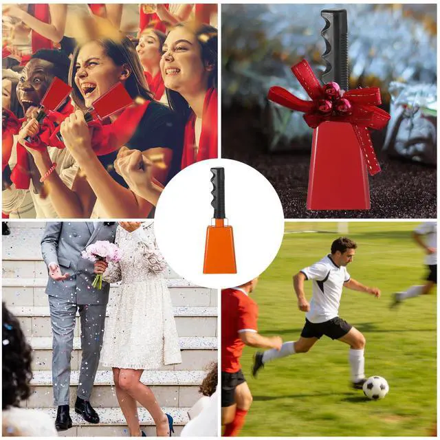 Alt view image 7 of 7 - 9inch Cow Bells for Football Games, 12pcs Cowbells for Sporting Events Bulk Loud Noise Makers Metal Cow Bell with Handle for Cheering Competition Marathon Wedding DIY Paint, Orange
