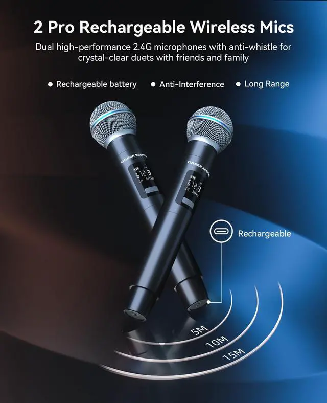 Alt view image 3 of 7 - GKD61 Karaoke Machine for Adults with 2 Wireless UHF Microphones, 500W Peak Power Karaoke System with Dual 6.5'' Subwoofers, Portable Party Bluetooth Speaker with RC, Bass & Treble Control for Outdoor