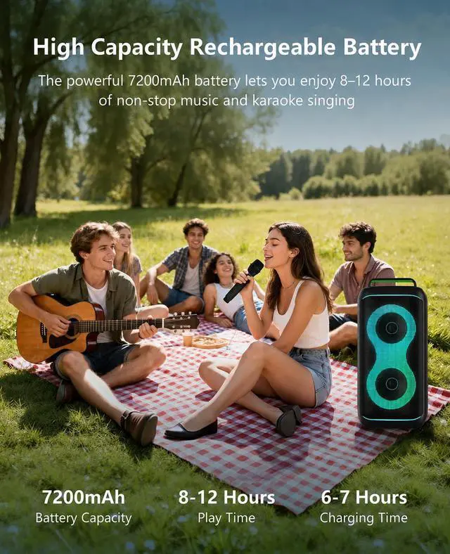 Alt view image 5 of 7 - GKD61 Karaoke Machine for Adults with 2 Wireless UHF Microphones, 500W Peak Power Karaoke System with Dual 6.5'' Subwoofers, Portable Party Bluetooth Speaker with RC, Bass & Treble Control for Outdoor