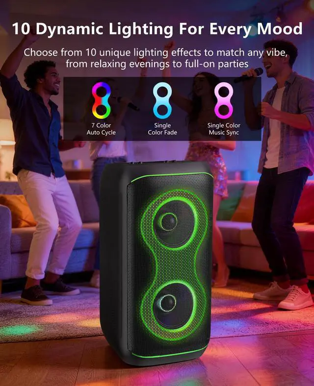 Alt view image 7 of 7 - GKD61 Karaoke Machine for Adults with 2 Wireless UHF Microphones, 500W Peak Power Karaoke System with Dual 6.5'' Subwoofers, Portable Party Bluetooth Speaker with RC, Bass & Treble Control for Outdoor