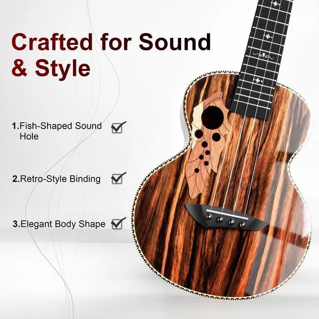 Alt view image 2 of 7 - CAG94 Glossy Black Ebony 23" Concert Beginner Ukulele | Handmade Ukelele Starter Kit