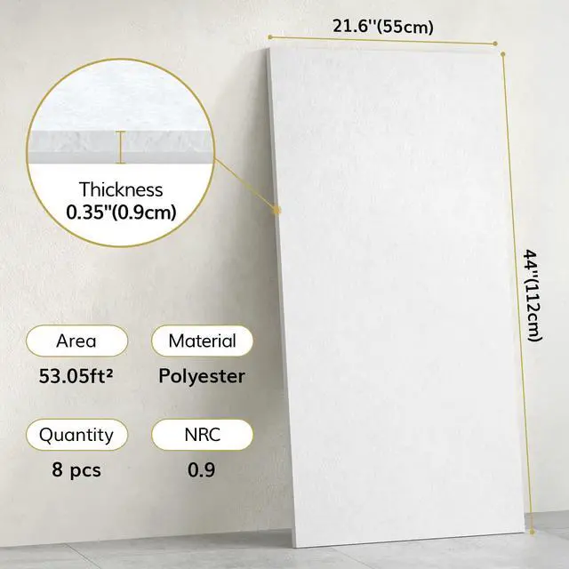 Alt view image 4 of 7 - Large Acoustic Panels Self-Adhesive, 8PCS 44.1" x 21.7" Sound Absorbing Panel, Acoustic Wall Panels for Interior Wall Decor and Recording Studio Acoustical Treatments, Living Room, Office, White