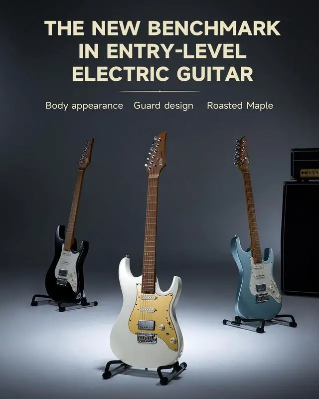 Alt view image 2 of 7 - 39 Inch Electric Guitar, DST-550 Solid Double-cut Poplar Body Electric Guitar for Intermediate & Pro Players, 7 Tone-switching Options & Tremolo Bridge, Bonus Bag- Black