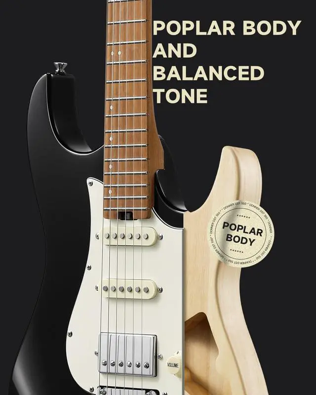 Alt view image 3 of 7 - 39 Inch Electric Guitar, DST-550 Solid Double-cut Poplar Body Electric Guitar for Intermediate & Pro Players, 7 Tone-switching Options & Tremolo Bridge, Bonus Bag- Black