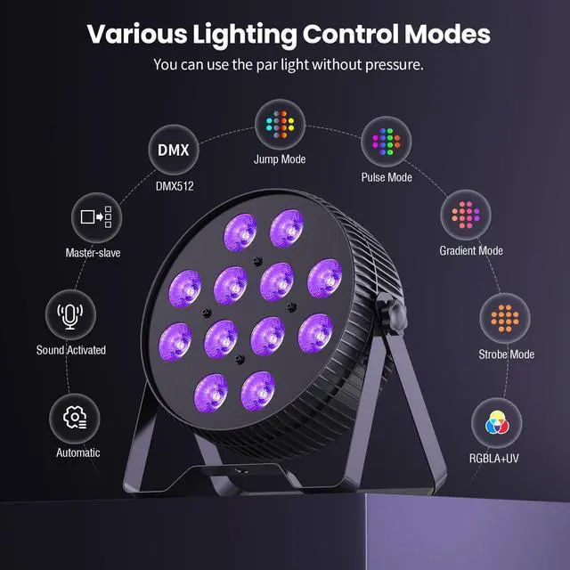 Alt view image 4 of 7 - 12X18W LED Stage Light,6-in-1 RGBAL+UV DJ Par Lights-4 Packs | 12W*18 PCS RGB+Lime Amber UV LEDs, Auto/Sound/DMX512/Master-Slave, Ideal For Parties, Concerts, Theatrical, Uplighting, Event