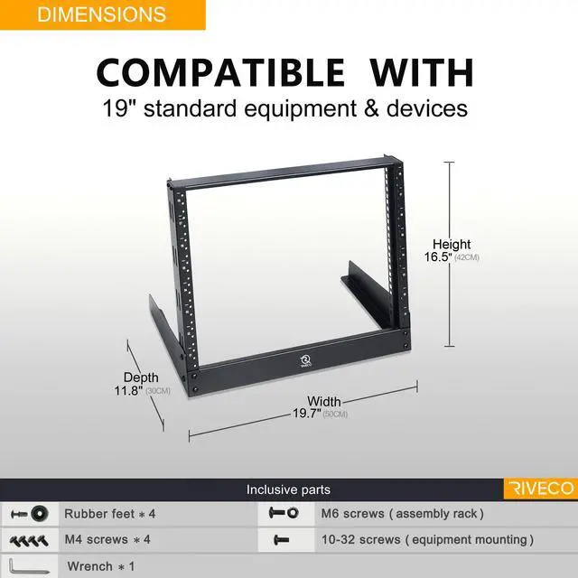 Alt view image 3 of 4 - 8u Tabletop Rack for Audio & Network, Desktop Rack Shelf Tappered Holes Open Frame Sound Recording Shelf Free Standing 2 Post Black