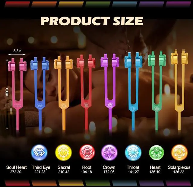 Alt view image 2 of 7 - Chakra Tuning Forks Set for Healing, 7 Chakra+1 Soul Purpose Weighted Tuning Forks for DNA Healing, Chakra, Sound Therapy etc, Multicolour(126.22 Hz, 136.1 Hz, 141.27 Hz, 172.06 Hz etc)
