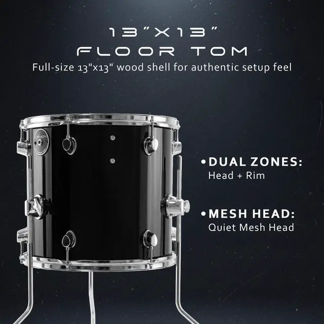 Alt view image 2 of 7 - T950 Electronic Floor Tom - 13"x13" Dual-Zone Mesh Head & Rim Trigger Pad, Acoustic-Style Wood Shell Drum, Adjustable Tension, Works with Most Electronic Drum Modules (TRS), Quiet Practice