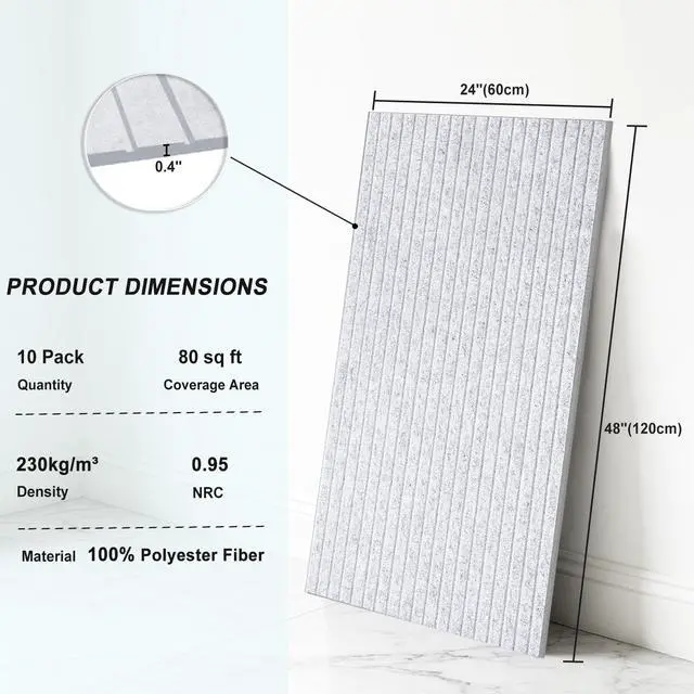 Alt view image 2 of 7 - 10 Pack Acoustic Wall Panels, 48 x 24 Inch Large Sound Proof Panel | High Density Sound Dampening Panels, Grey Self-Adhesive Wall Panels for Recording Studio, Home, Office, Theater
