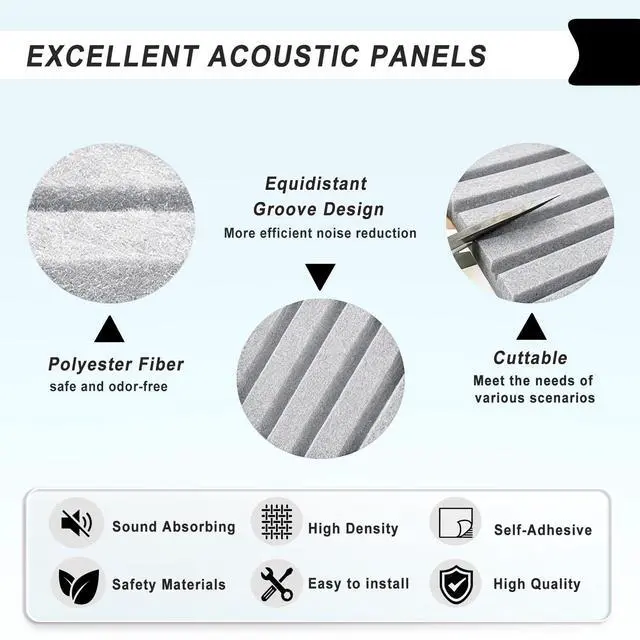 Alt view image 5 of 7 - 10 Pack Acoustic Wall Panels, 48 x 24 Inch Large Sound Proof Panel | High Density Sound Dampening Panels, Grey Self-Adhesive Wall Panels for Recording Studio, Home, Office, Theater