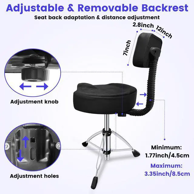 Alt view image 4 of 7 - Drum Throne with Backrest,Height Adjustable Airlift Drum Stool,Heavy Duty Drum Seat with Strong Adjustable Double Braced Legs, Comfortable Thicken Drum Stool for Adult Drummers Beginner