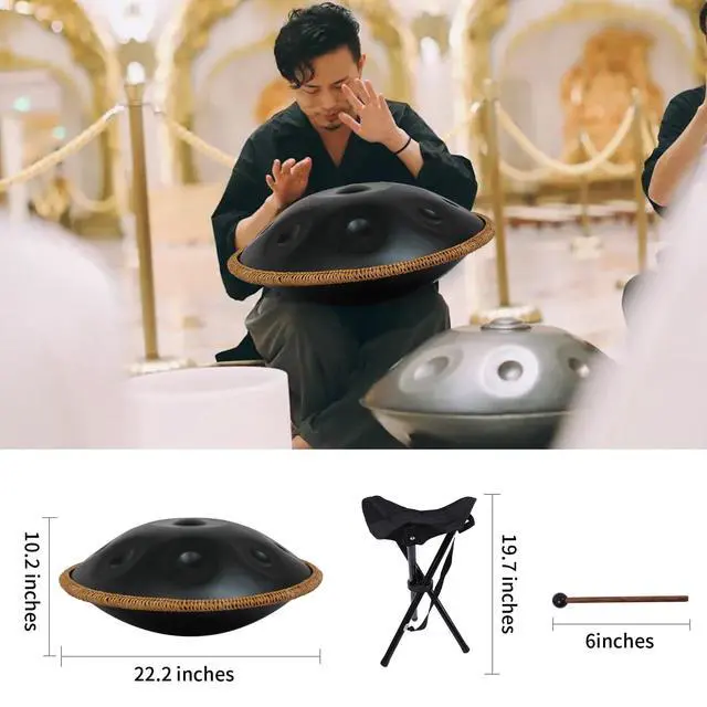 Alt view image 5 of 7 - Handpan 22 Inch D Minor Kurd 10 Notes Drum Instrument for Professional Performance, 440HZ Sound Drums for Adults With Bag, Wiping Cloth, and Bracket