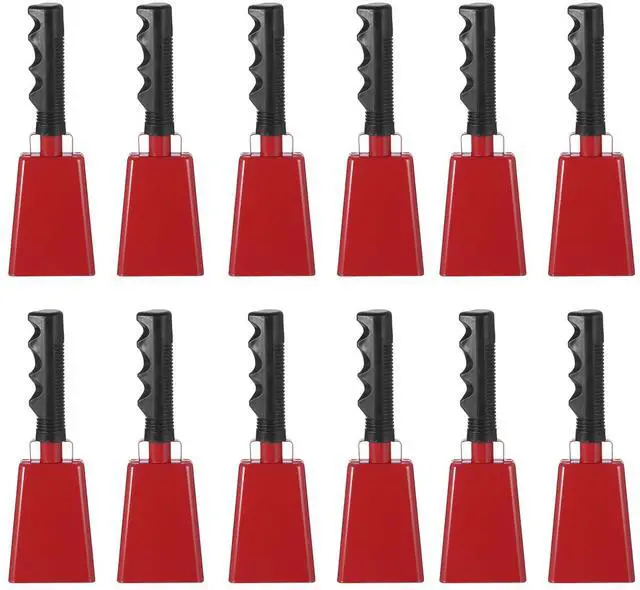 Main image of 9inch Cow Bells for Football Games, 12pcs Cowbells for Sporting Events Bulk Loud Noise Makers Metal Cow Bell with Handle for Cheering Competition Marathon Wedding DIY Paint, Red