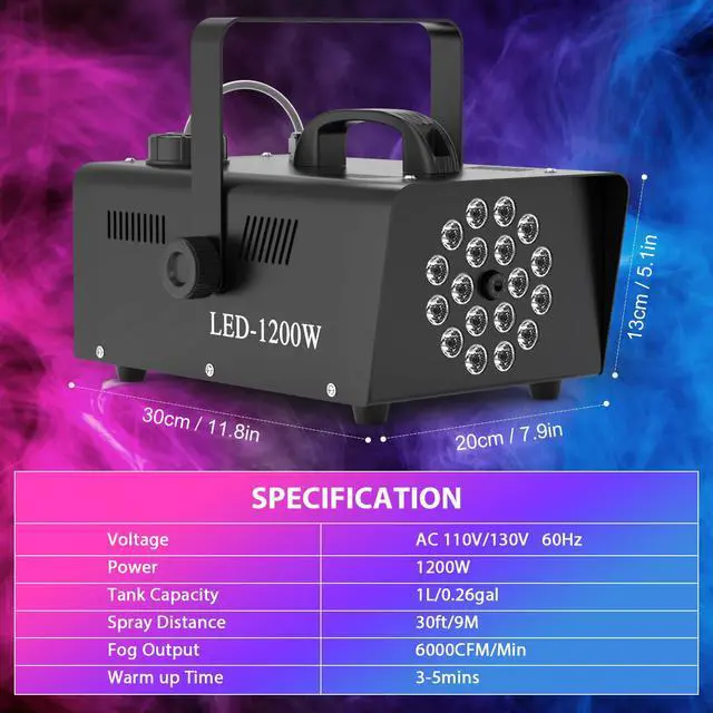 Alt view image 7 of 7 - 1200W Fog Machine, Smoke Machine with 18LED Lights 6000CFM Fog with Wireless Remote Control