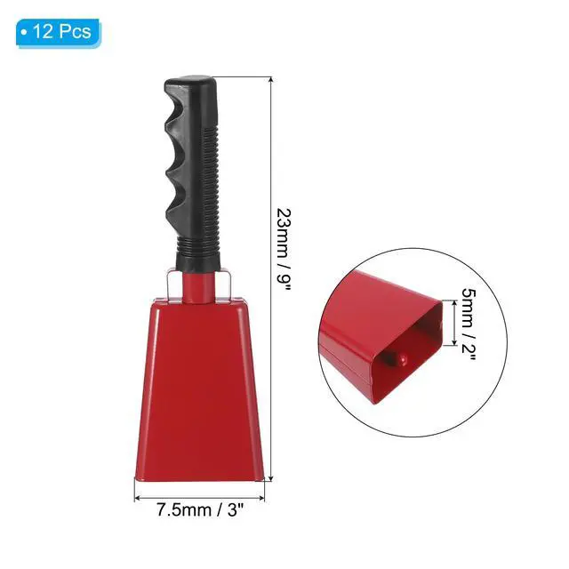 Alt view image 2 of 7 - 9inch Cow Bells for Football Games, 12pcs Cowbells for Sporting Events Bulk Loud Noise Makers Metal Cow Bell with Handle for Cheering Competition Marathon Wedding DIY Paint, Red