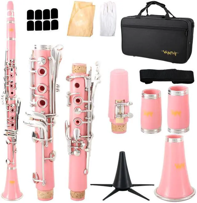 Main image of Bb Clarinet For Beginners Students B Flat Clarinet 17 Keys Clarinet with Case Stand Strap 2 Barrels 8 Mouthpiece Cushion White Gloves(Pink)