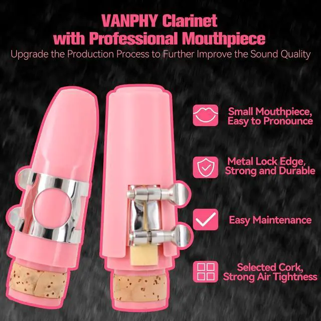 Alt view image 2 of 6 - Bb Clarinet For Beginners Students B Flat Clarinet 17 Keys Clarinet with Case Stand Strap 2 Barrels 8 Mouthpiece Cushion White Gloves(Pink)