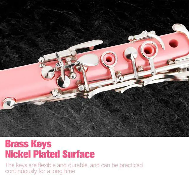 Alt view image 4 of 6 - Bb Clarinet For Beginners Students B Flat Clarinet 17 Keys Clarinet with Case Stand Strap 2 Barrels 8 Mouthpiece Cushion White Gloves(Pink)