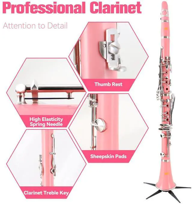 Alt view image 5 of 6 - Bb Clarinet For Beginners Students B Flat Clarinet 17 Keys Clarinet with Case Stand Strap 2 Barrels 8 Mouthpiece Cushion White Gloves(Pink)