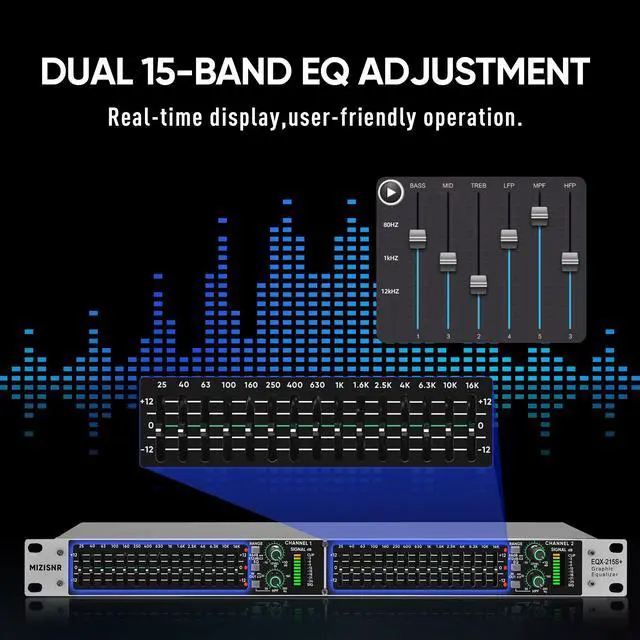 Alt view image 2 of 7 - Stereo Graphic Equalizer 15-Band EQ for Home Audio System, Rack Mount Dual Channel Pro DJ Equalizer with Subwoofer Output, Noise Reduction (EQX-215S)