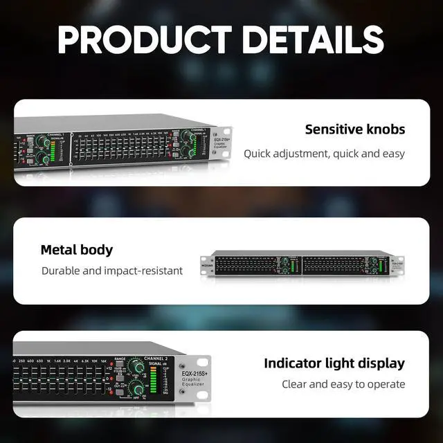 Alt view image 7 of 7 - Stereo Graphic Equalizer 15-Band EQ for Home Audio System, Rack Mount Dual Channel Pro DJ Equalizer with Subwoofer Output, Noise Reduction (EQX-215S)
