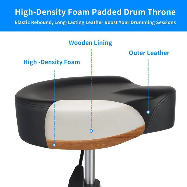Alt view image 5 of 7 - Hydraulic Drum Throne, Saddle Drum Stool Height Adjustable | Professional Motorcycle-Style Padded Drum Chair for Adult Drummers, Percussionists, and Studio Use