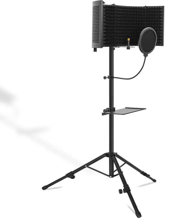 Main image of Microphone Isolation Shield with Stand Curved Panel, Foldable Mic Shield with Triple Sound Insulation, Studio Mic Sound Absorbing Foam Reflector for Sound Recording, Podcasts