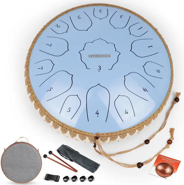 Main image of Steel Tongue Drum Pro - 14 Inch 15 Note Rain Drum - Percussion Instrument for Meditation and Music, Hand Pan Drums with Music Book, Mallets and Carrying Bag (Glossy Blue)