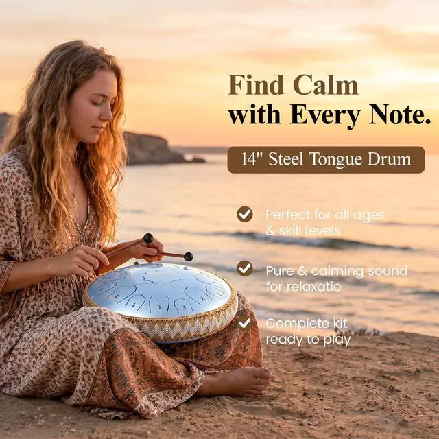 Alt view image 2 of 7 - Steel Tongue Drum Pro - 14 Inch 15 Note Rain Drum - Percussion Instrument for Meditation and Music, Hand Pan Drums with Music Book, Mallets and Carrying Bag (Glossy Blue)