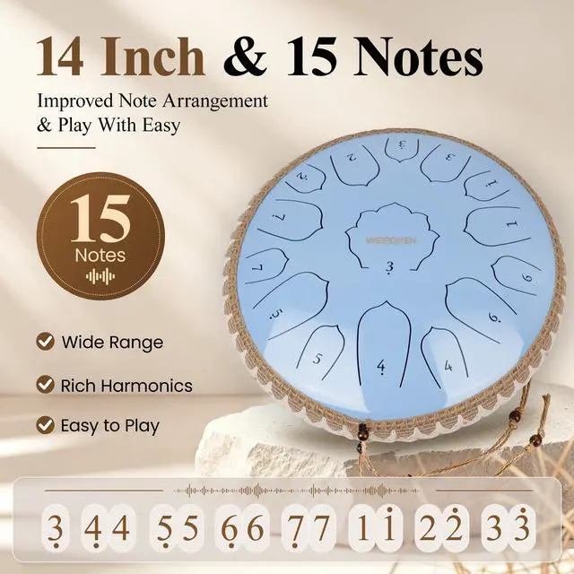 Alt view image 3 of 7 - Steel Tongue Drum Pro - 14 Inch 15 Note Rain Drum - Percussion Instrument for Meditation and Music, Hand Pan Drums with Music Book, Mallets and Carrying Bag (Glossy Blue)