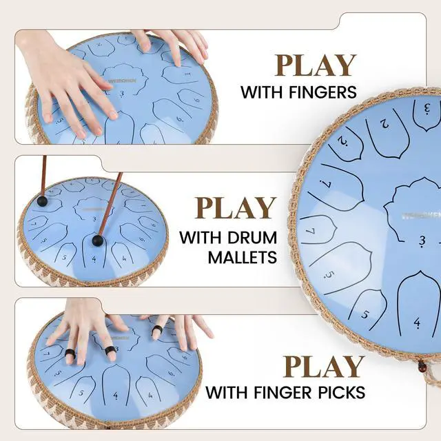 Alt view image 4 of 7 - Steel Tongue Drum Pro - 14 Inch 15 Note Rain Drum - Percussion Instrument for Meditation and Music, Hand Pan Drums with Music Book, Mallets and Carrying Bag (Glossy Blue)