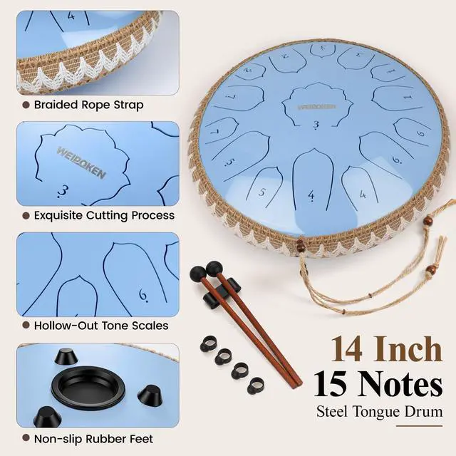 Alt view image 5 of 7 - Steel Tongue Drum Pro - 14 Inch 15 Note Rain Drum - Percussion Instrument for Meditation and Music, Hand Pan Drums with Music Book, Mallets and Carrying Bag (Glossy Blue)