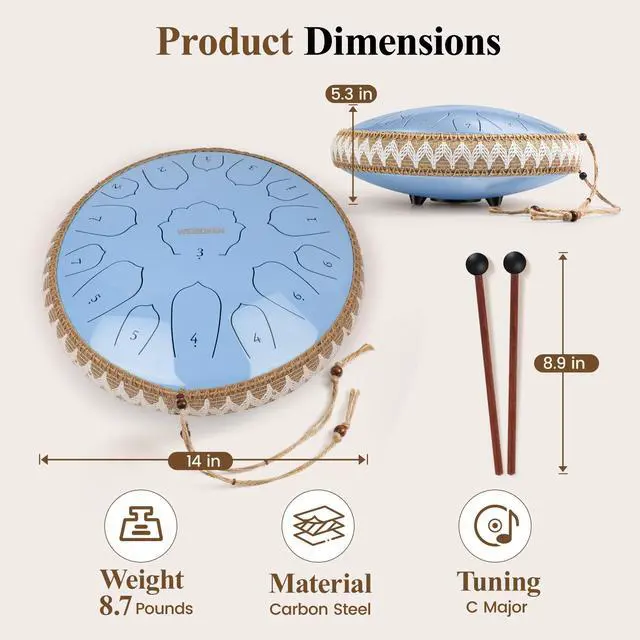 Alt view image 6 of 7 - Steel Tongue Drum Pro - 14 Inch 15 Note Rain Drum - Percussion Instrument for Meditation and Music, Hand Pan Drums with Music Book, Mallets and Carrying Bag (Glossy Blue)