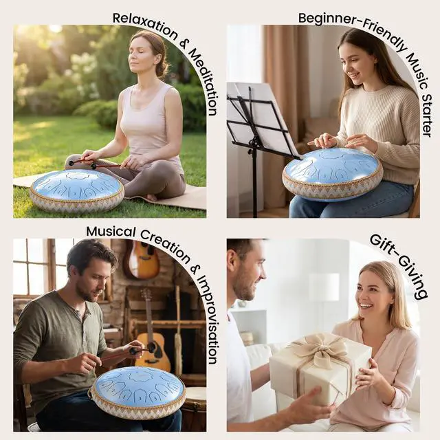 Alt view image 7 of 7 - Steel Tongue Drum Pro - 14 Inch 15 Note Rain Drum - Percussion Instrument for Meditation and Music, Hand Pan Drums with Music Book, Mallets and Carrying Bag (Glossy Blue)