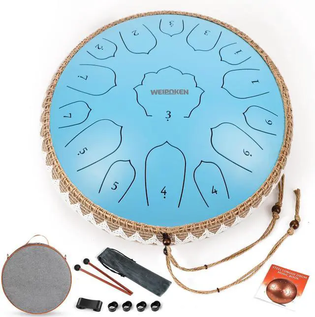 Main image of Steel Tongue Drum Pro- 14 Inch 15 Note Rain Drum - Percussion Instrument for Meditation and Music, Hand Pan Drums with Music Book, Mallets and Carrying Bag (Sky Blue)