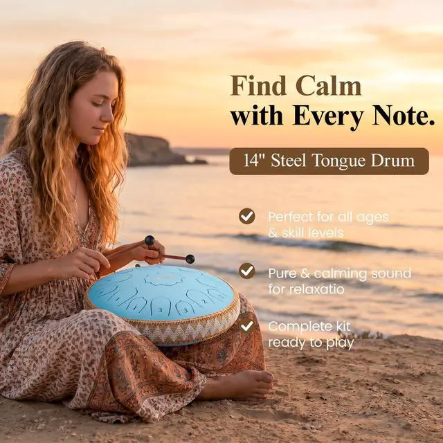 Alt view image 2 of 7 - Steel Tongue Drum Pro- 14 Inch 15 Note Rain Drum - Percussion Instrument for Meditation and Music, Hand Pan Drums with Music Book, Mallets and Carrying Bag (Sky Blue)