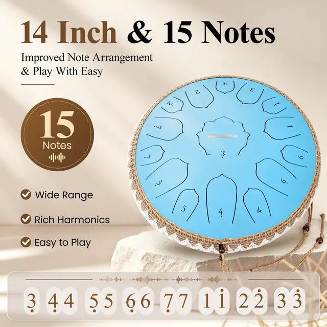 Alt view image 3 of 7 - Steel Tongue Drum Pro- 14 Inch 15 Note Rain Drum - Percussion Instrument for Meditation and Music, Hand Pan Drums with Music Book, Mallets and Carrying Bag (Sky Blue)